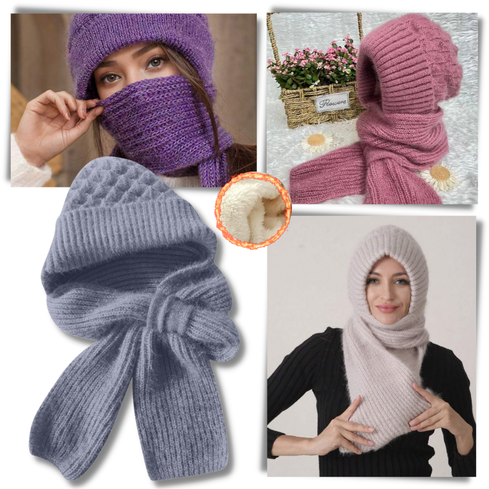 Entegre Atkı ve Kulak Korumalı Rüzgar Geçirmez Örme Kapüşonlu Şapka - Ozerty