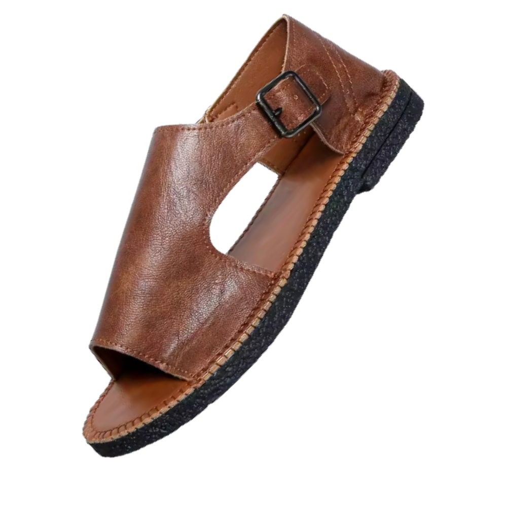 Şık Vintage Ortopedik Sandaletler  -Kahve - Ozerty