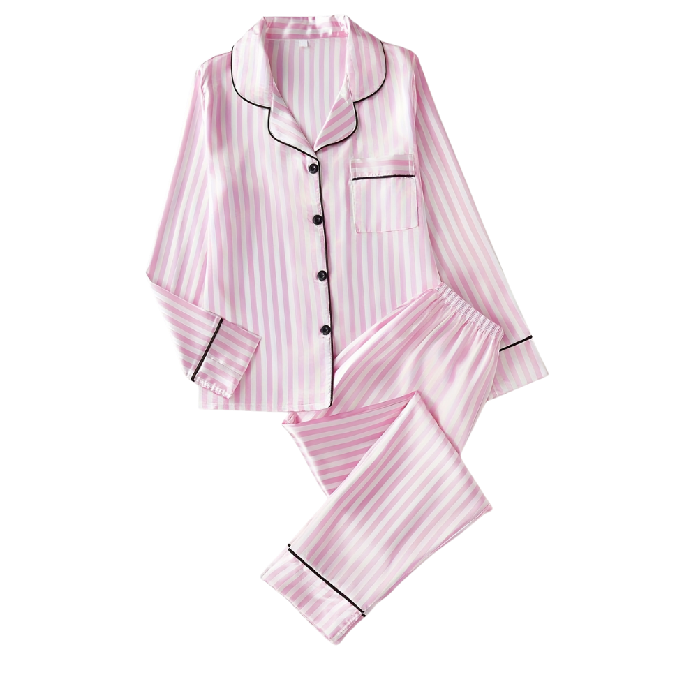 Kadınlar için Pembe Saten Pijama -Pembe Uzun - Ozerty